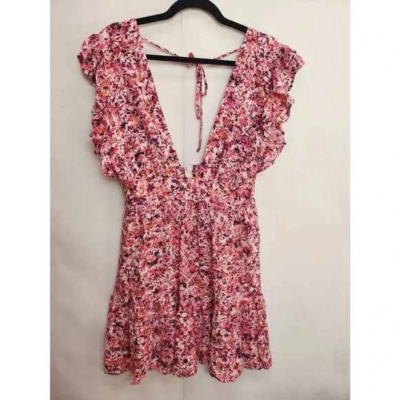 Stillwater The Jessie Mini Dress Floral Pink Purple Deep Plunge Size Medium. - Picture 3 of 8